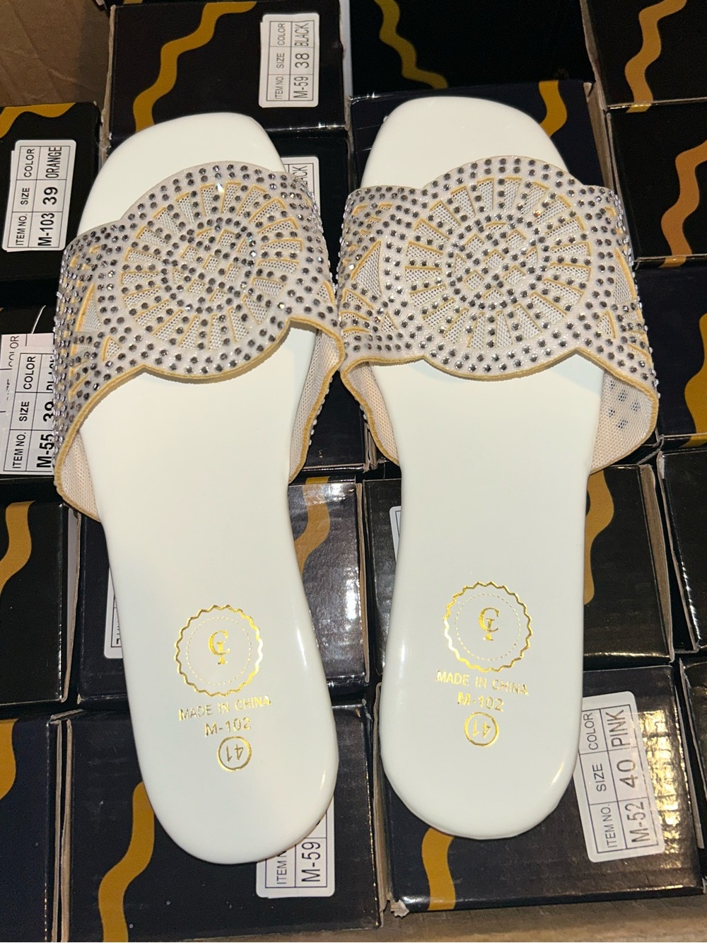 Crystal-Embellished White & Tan Slide Mules